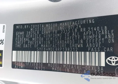 2024 Toyota Corolla Le z USA, uszkodzony, nr VIN 5YFB4MDE8RP198212